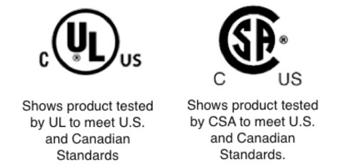 Two certification organization logos in black and white: UL (left) and CSA (right).