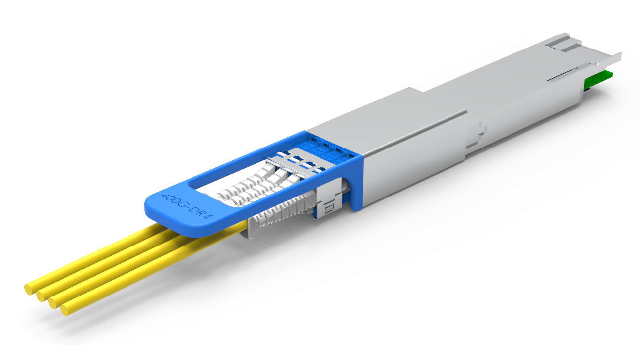 Image showing four SN duplex connectors in a single 8-fiber transceiver.
