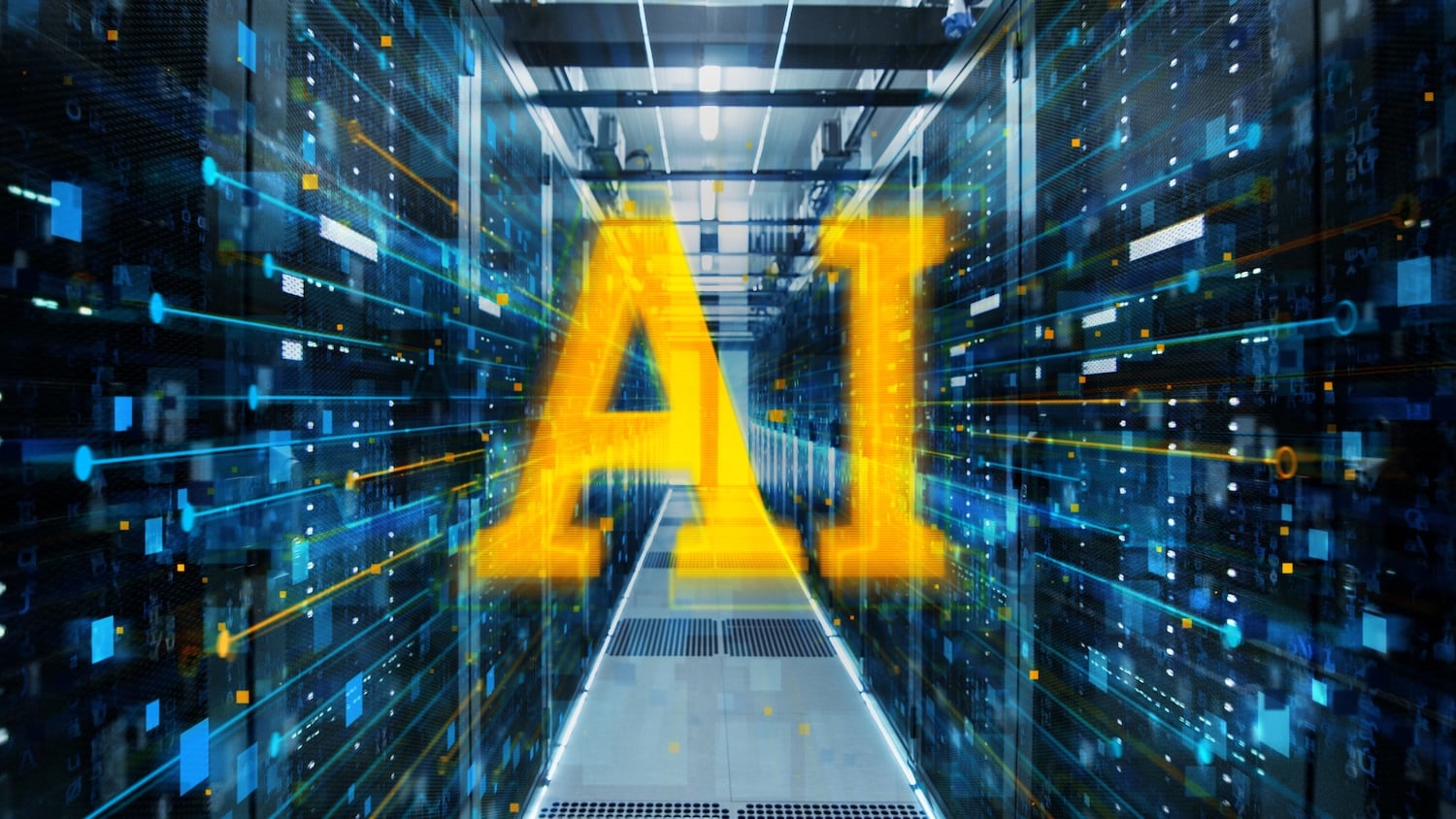 Illustration of an aisle in a data center that runs artificial intelligence, with big AI initials in the middle of the image.
