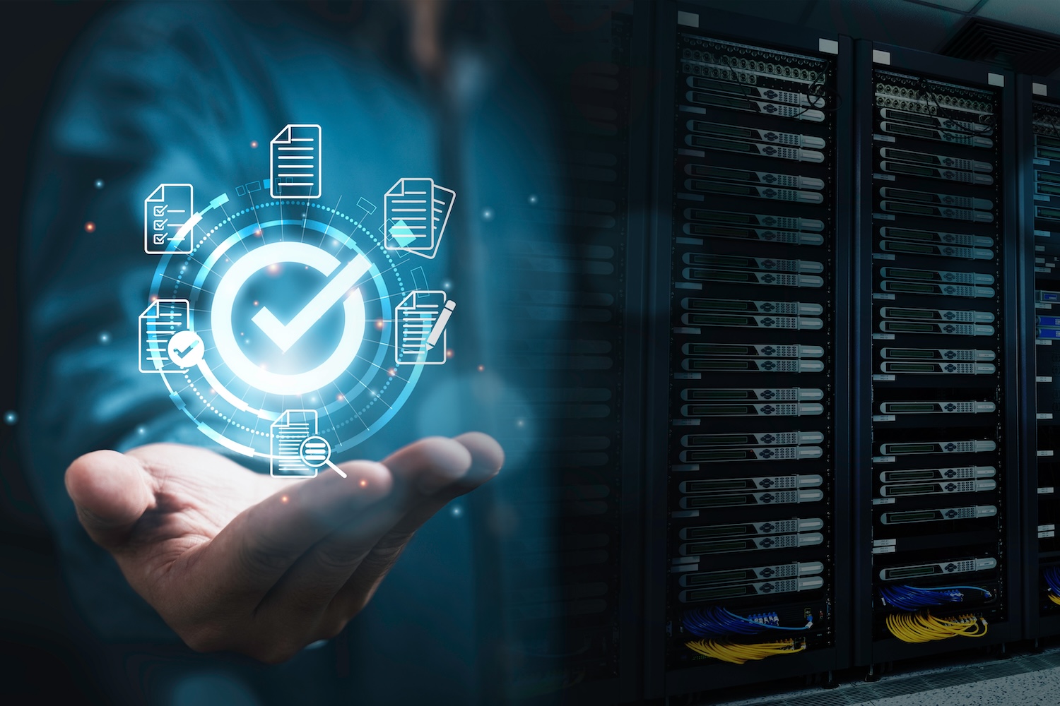 Modern illustration of a hand cradling electronic file symbols glowing against a dark background of racks of servers