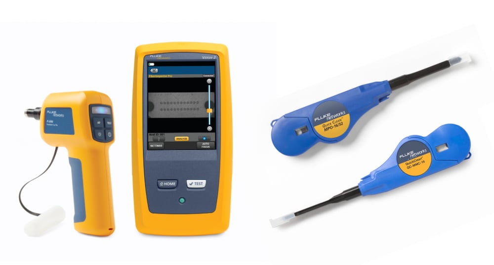 Images of Fluke Networks FI-3000 FiberInspector Ultra Camera and Quick Clean MPO and MMC Cleaners.