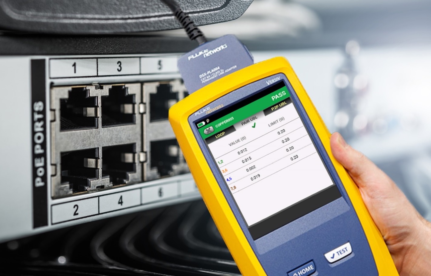 Close-up of a testing DC Resistance Unbalance at a PoE Switch
