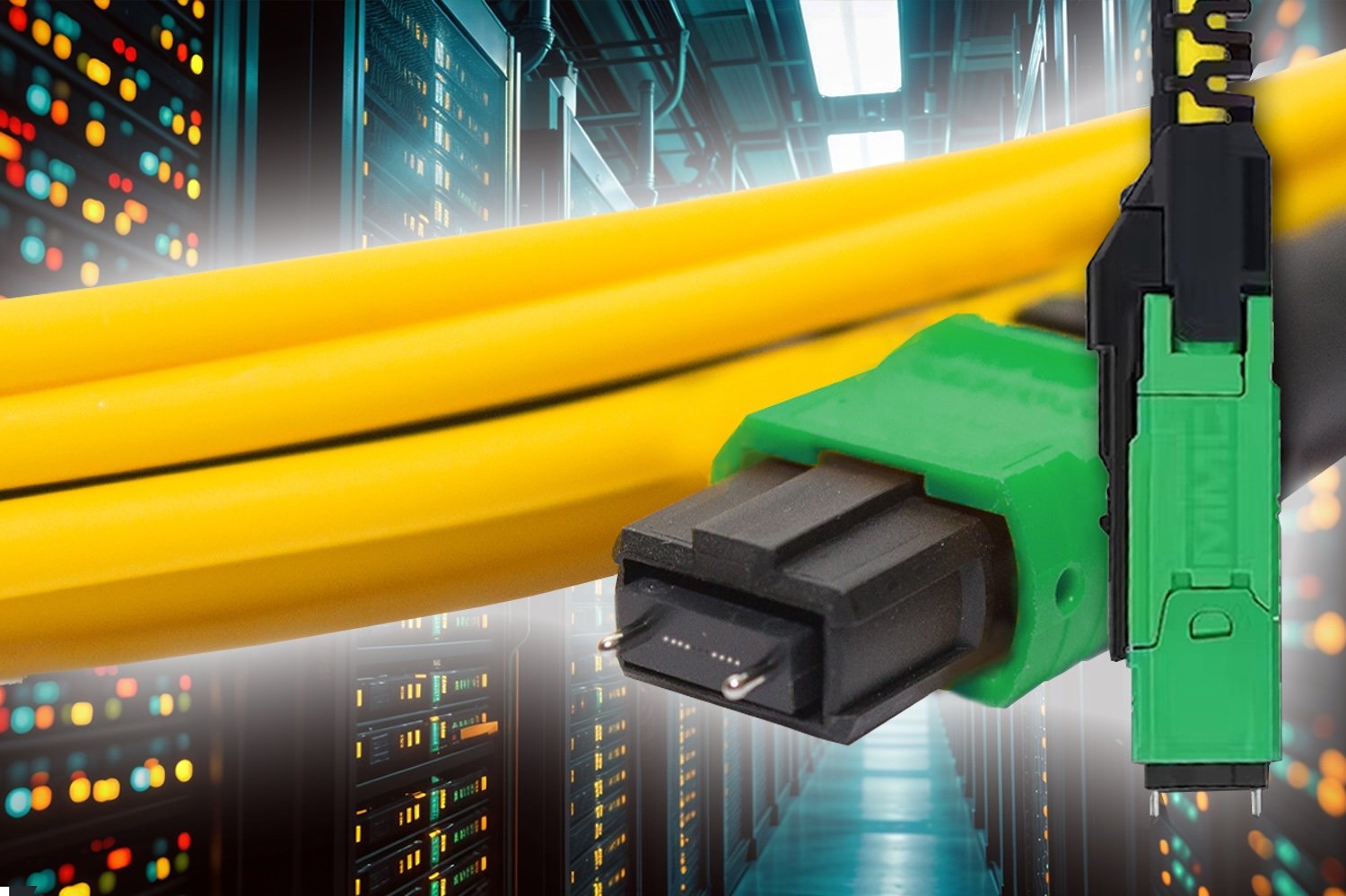 MPO connectors and network cables in front of a backdrop of data center server racks.
