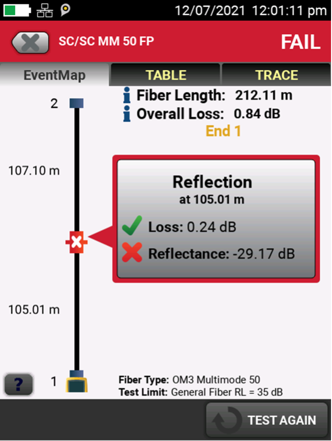 Reflection shown on a CertiFiber Pro EventMap screen